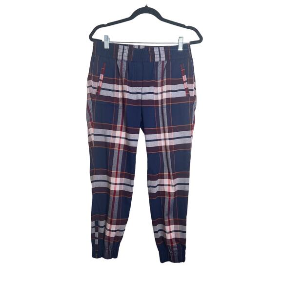 LOFT Women’s Navy Burgundy Plaid Pull On Jogger Pants Preppy Small - Picture 1 of 10